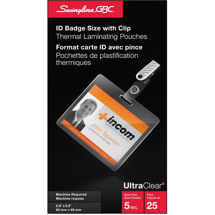 Swingline GBC Heatseal Ultraclear Laminating Pouch - Sheet Size Supported: Badge Card 3.37" (85.60 mm) Width x 2.13" (53.97 mm) Length - Laminating Pouch/Sheet Size: 5 mil (0.13 mm) Thickness - for Document - Crystal Clear - 25 / Pack