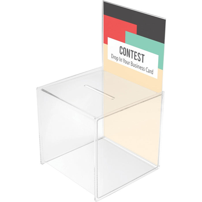 Deflecto 66001 Suggestion/Coin Box with 203mm x 375mm Sign Holder - External Dimensions: 8.4" (213 mm) Width x 15.4" (391 mm) Depth x 8.4" (214 mm) Height - Polymethyl Methacrylate (PMMA) - For Ticket, Form, Business Card, Coin - No - 1 Each