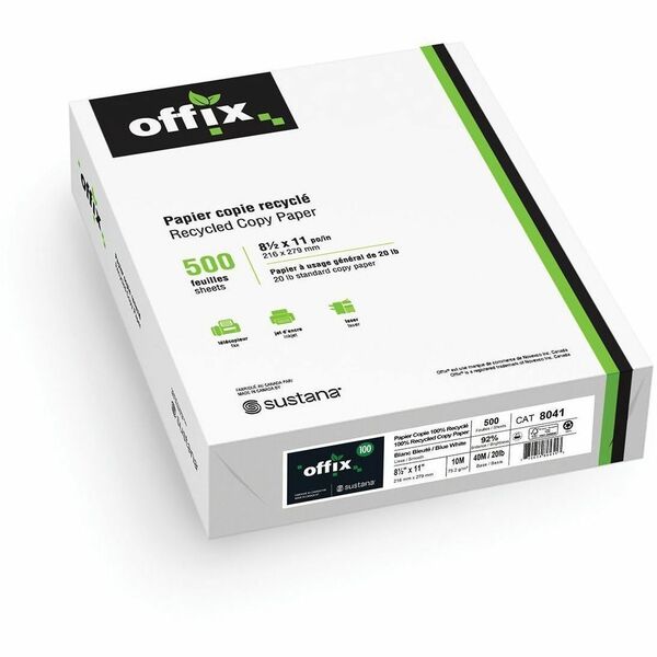 Offix Offix&reg; 100 Recycled Paper - Letter - 8 1/2" (215.90 mm) x 11" (279.40 mm) - 20 lb (9071.85 g) Basis Weight - Smooth - White - 500 / Pack