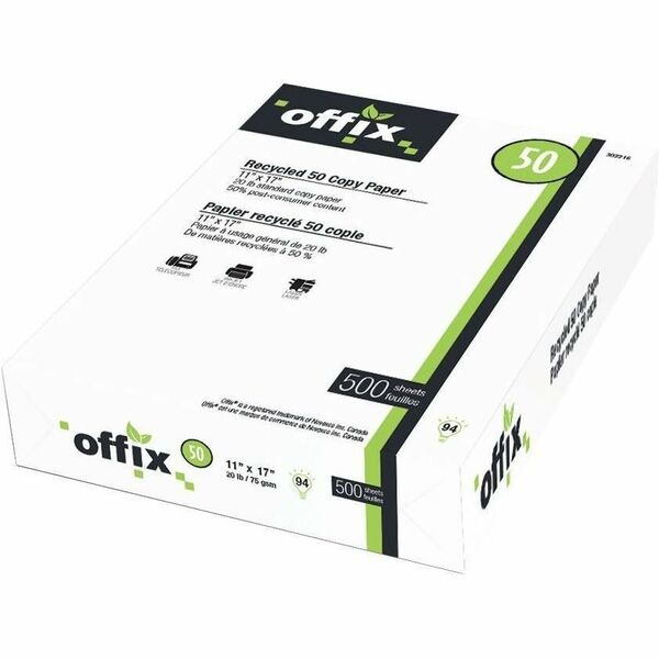 Offix Offix&reg; 100 Recycled Paper - Tabloid - 11" x 17" - 20 lb Basis Weight - Smooth - 500 / Pack - White