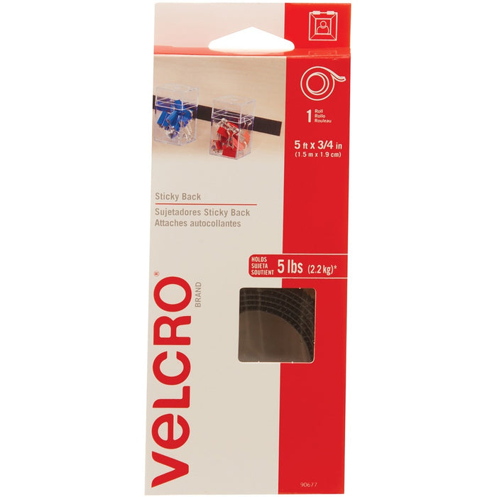 VELCRO&reg; Self-Adhesive Strips - 5 ft (1.5 m) Length x 0.75" (19 mm) Width - Black - 1 Each