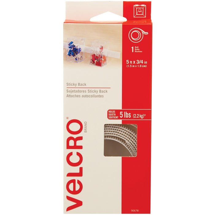 VELCRO&reg; Self-Adhesive Strips - 5 ft (1.5 m) Length x 0.75" (19 mm) Width - White - 1 Each