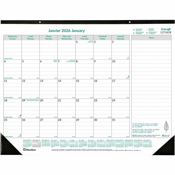 Blueline EcoLogix Monthly Desk Pad Calendar, 22" x 17" , Bilingual - Monthly, Yearly - 12 Month - January 2026 to December 2026 - 1 Month Single Page Layout - 17" (431.80 mm) x 22" (558.80 mm) Sheet Size - Desk Pad - Chipboard, Paper, Metal, Cardboard - 1