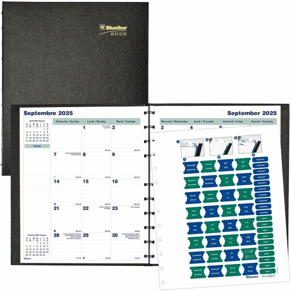 Blueline MiracleBind CoilPro Monthly Planner, 11" x 9-1/6" , Bilingual, Black - Monthly - 16 Month - September 2025 to December 2026 - 1 Month Double Page Layout - 9" (228.60 mm) x 11" (279.40 mm) Sheet Size - Twin Wire - Black - Paper - Note Page, Reposi