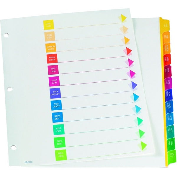 Oxford Super Rapidex Colour Coded Tab Dividers - Jan-Dec, Letter-Size, Assorted, 12/ST - 12 x Divider(s) - Printed Right Tab(s) - 1/12 - Month - Jan-Dec, Table of Contents - 12 Tab(s)/Set - 9" Divider Width x 11" Divider Length - Letter - 3 Hole Punched -