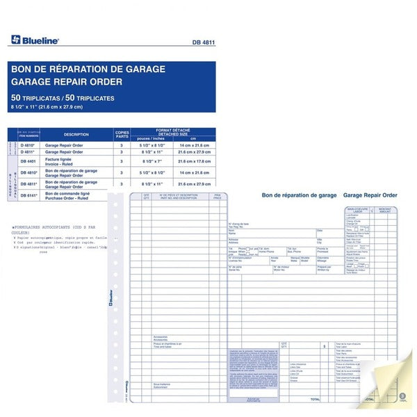 Blueline Garage Repair Orders in Snap Sets - Carbonless Copy - 11" (279.40 mm) x 8.50" (215.90 mm) Form Size - Letter - Paper - 50 / Pack