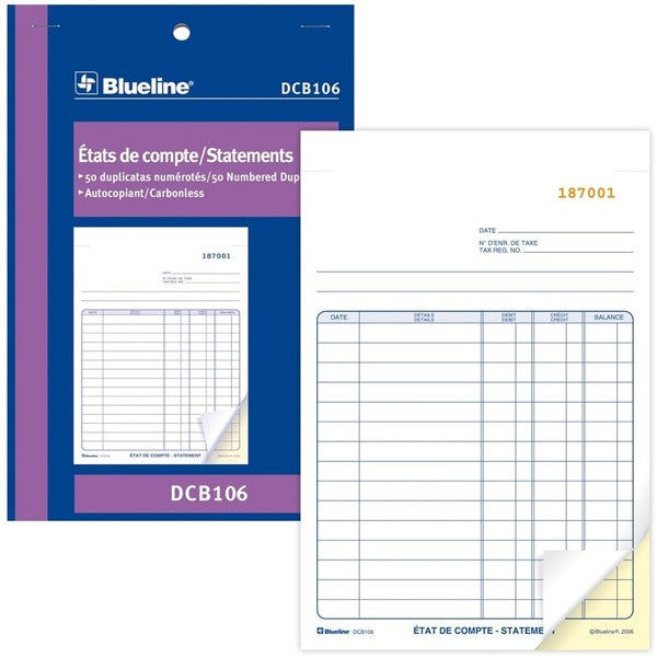 Blueline Statements Book - 50 Sheet(s) - 2 Part - Carbonless Copy - 7.99" (203 mm) x 5.39" (137 mm) Form Size - 1 Each