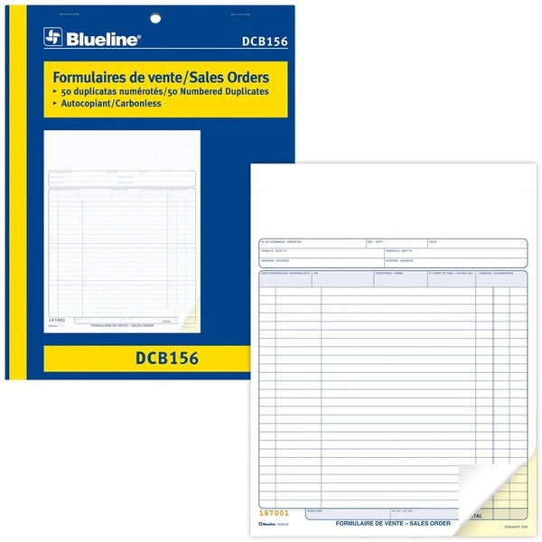 Blueline Sales Orders Book - 50 Sheet(s) - 2 Part - Carbonless Copy - 11" (279.40 mm) x 8.50" (215.90 mm) Form Size - Letter - Blue Cover - Paper - 1 Each