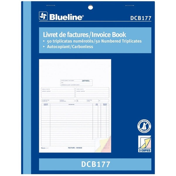 Blueline Invoices Book - 50 Sheet(s) - 3 Part - Carbonless Copy - 11" (279.40 mm) x 8.50" (215.90 mm) Form Size - Letter - Blue Cover - Paper - 1 Each