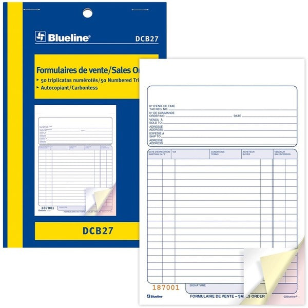Blueline Sales Orders Book - 50 Sheet(s) - 3 Part - Carbonless Copy - 7.99" (203 mm) x 5.39" (137 mm) Form Size - Blue Cover - Paper - 1 Each