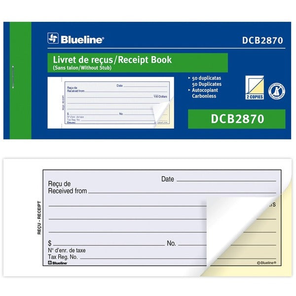 Blueline Receipt Book - 50 Sheet(s) - 2 Part - Carbonless Copy - 2.76" (70 mm) x 6.73" (171 mm) Form Size - Blue Cover - Paper - 1 Each