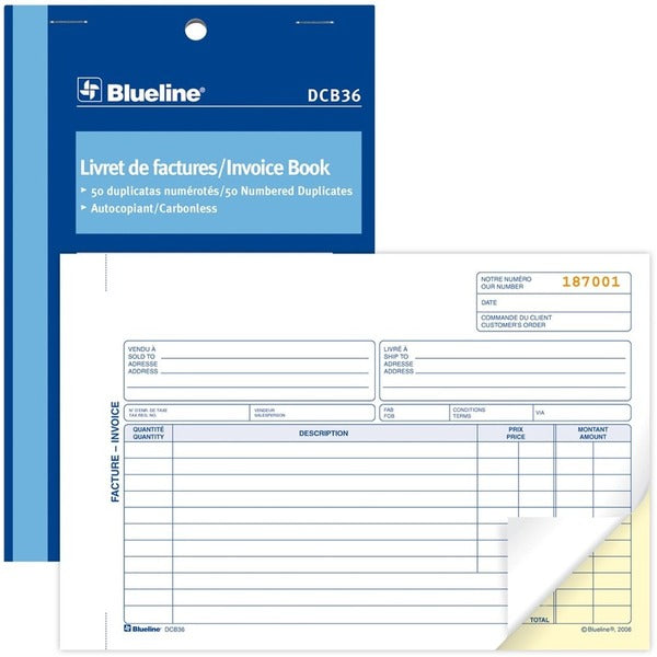Blueline Invoices Book - 50 Sheet(s) - 2 Part - Carbonless Copy - 7.87" (200 mm) x 5.39" (137 mm) Form Size - Letter - Blue Cover - Paper - 1 Each