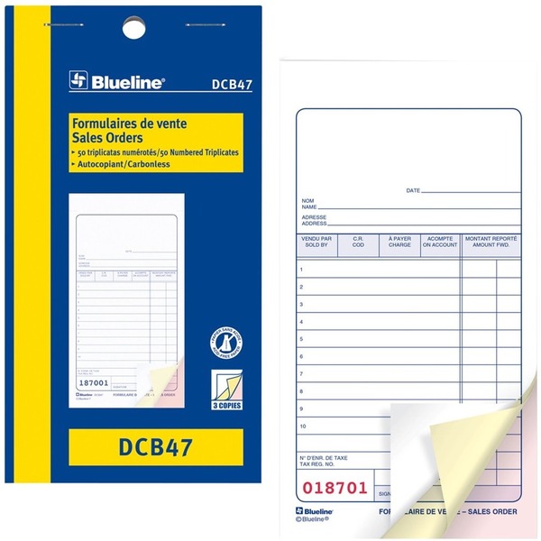 Blueline Sales Orders Book - 50 Sheet(s) - 3 Part - Carbonless Copy - 6.50" (165 mm) x 3.50" (89 mm) Form Size - Blue Cover - Paper - 1 Each