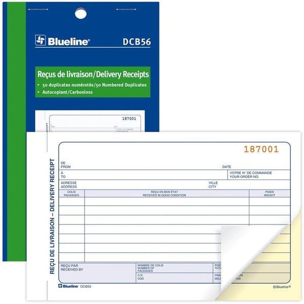 Blueline Delivery Receipts Book - 50 Sheet(s) - 2 Part - Carbonless Copy - 7.01" (178 mm) x 4.25" (108 mm) Form Size - Letter - Blue Cover - Paper - 1 Each