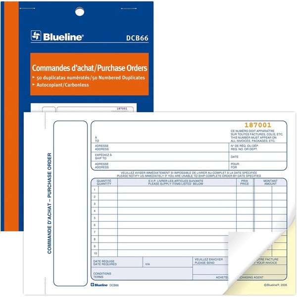 Blueline Purchase Orders Book - 50 Sheet(s) - 2 Part - Carbonless Copy - 7.99" (203 mm) x 5.39" (137 mm) Form Size - Blue Cover - Paper - 1 Each