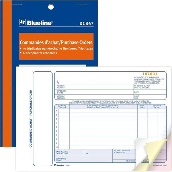 Blueline Purchase Orders Book - 50 Sheet(s) - 3 Part - Carbonless Copy - 7.99" (203 mm) x 5.39" (137 mm) Form Size - Blue Cover - Paper - 1 Each