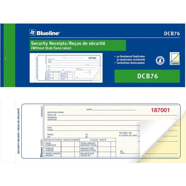 Blueline Security Receipts Book - 50 Sheet(s) - 2 Part - Carbonless Copy - 7.99" (203 mm) x 2.76" (70 mm) Form Size - Blue Cover - Paper - 1 Each