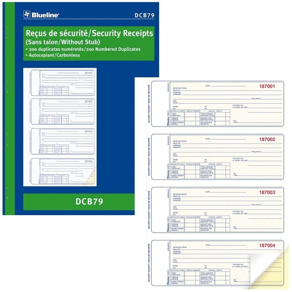 Blueline Security Receipts Book - 200 Sheet(s) - 2 Part - Carbonless Copy - 7.99" (203 mm) x 10.87" (276 mm) Form Size - Blue Cover - Paper - 1 Each