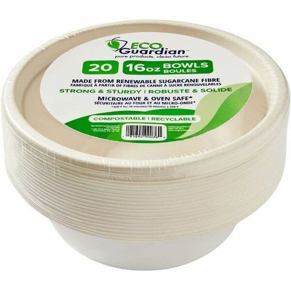 Eco Guardian 16 oz Round Wide Mouth Bowl, 20 Piece Retail Pack - Serving, Soup, Salad, Ice Cream, Fruit, Picnic, Party, Food - Microwave Safe - Oven Safe - Sugarcane, Bagasse Body - Round - 20 / Pack