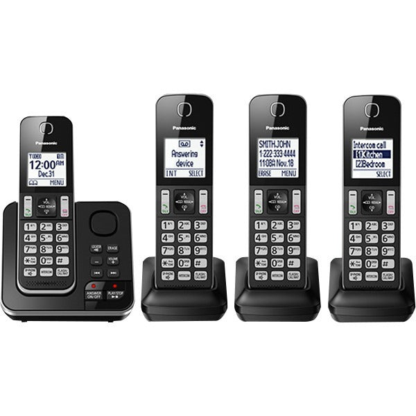 Panasonic KX-TGD394 DECT 6.0 1.93 GHz Cordless Phone - Black - 1 x Phone Line - 4 x Handset - Speakerphone - Answering Machine - Hearing Aid Compatible