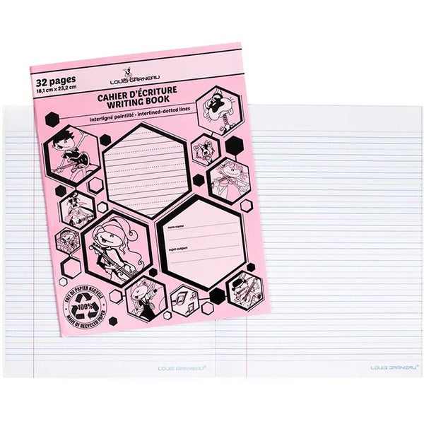 Louis Garneau Small Interlined-Dotted Exercise Book - 32 Pages - Interlined, Dotted Front Ruling - 9.13" (232 mm) Height x 7.13" (181 mm) Width - Pink Laminated Paper Cover - Recycled