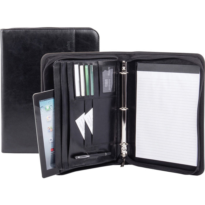 bugatti RGB1105 Ring Binder Writing Case - Letter - 8 1/2" (215.90 mm) x 11" (279.40 mm) Sheet Size - Fastener(s): Round Ring - Synthetic Leather - Black - Notepad, Card Holder, Pen Holder, ID Holder, Expandable, Zipper Closure - 1 Each