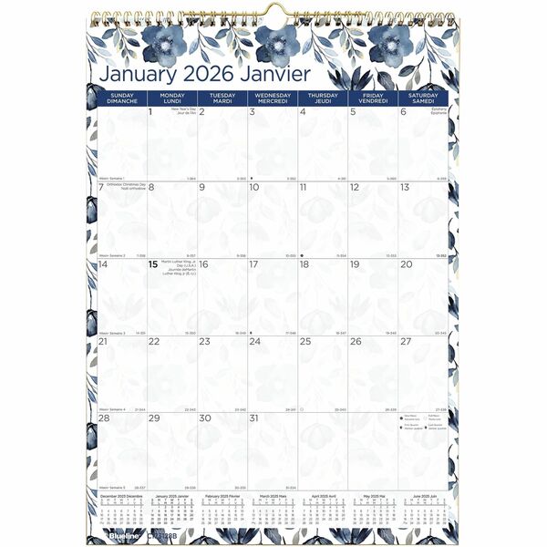 Blueline Azure Monthly Wall Calendar, 12" x 17" , Bilingual - Monthly - 12 Month - January 2026 to December 2026 - 1 Month Single Page Layout - 12" (304.80 mm) x 17" (431.80 mm) Sheet Size - Twin Wire - Wall Mount - Gold, Purple - Paper, Chipboard - Sturd