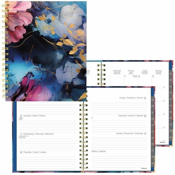 Blueline Midnight Floral Weekly/Monthly Planner, 9-1/4" x 7-1/4" , Trilingual - Weekly, Monthly - 12 Month - January 2026 to December 2026 - 1 Week Double Page Layout - Twin Wire - Gold Foil, Turquoise, Midnight - Hard Cover, Monthly Goal Page, Storage Po
