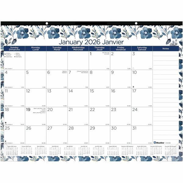 Blueline Azure Monthly Desk Pad Calendar, 22" x 17" , Bilingual - Monthly, Yearly - 12 Month - January 2026 to December 2026 - 1 Month Single Page Layout - 22" (558.80 mm) x 17" (431.80 mm) Sheet Size - 2 x Holes - Desk Pad - Purple - Chipboard, Paper - N