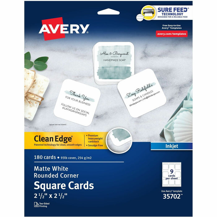 Avery&reg; Clean Edge Square Cards, Rounded Corners, 2.5" x 2.5" (35702) - 110 Brightness - 8 1/2" (215.90 mm) x 11" (279.40 mm) - 93 lb (42184.09 g) Basis Weight - 254 g/m² Grammage - Matte - Printable, Rounded Corner, Die-cut, Smooth Edge, Print-to