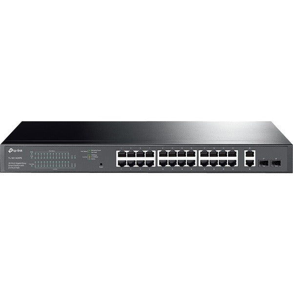 TP-Link 28-Port Gigabit Easy Smart Switch with 24-Port PoE+ - 28 Ports - Manageable - 2 Layer Supported - Modular - 2 SFP Slots - 27 W Power Consumption - 250 W PoE Budget - Optical Fiber, Twisted Pair - PoE Ports - 1U High - Rack-mountable, Desktop - 3 Y