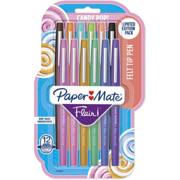 Paper Mate Flair Porous Point Pen - Medium Pen Point - Black, Blueberry Bubble Gum, Lime, Mocha, Papaya, Salted Caramel, Surf's Up, Tangerine, Grape Gumdrop, Gummy Green, Raspberry Fizz, ... Water Based Ink - Assorted Barrel - 12 / Pack