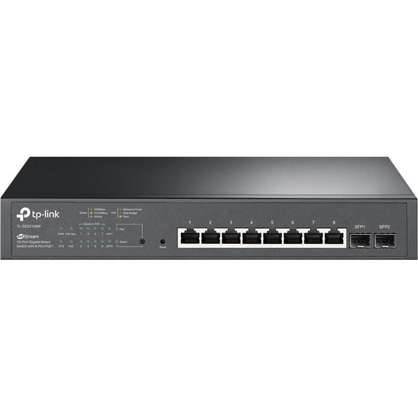TP-Link JetStream 10-Port Gigabit Smart Switch with 8-Port PoE+ - 10 Ports - Manageable - 4 Layer Supported - Modular - 2 SFP Slots - 12.20 W Power Consumption - 150 W PoE Budget - Twisted Pair, Optical Fiber - PoE Ports - 1U - Desktop, Rack-mountable - 5