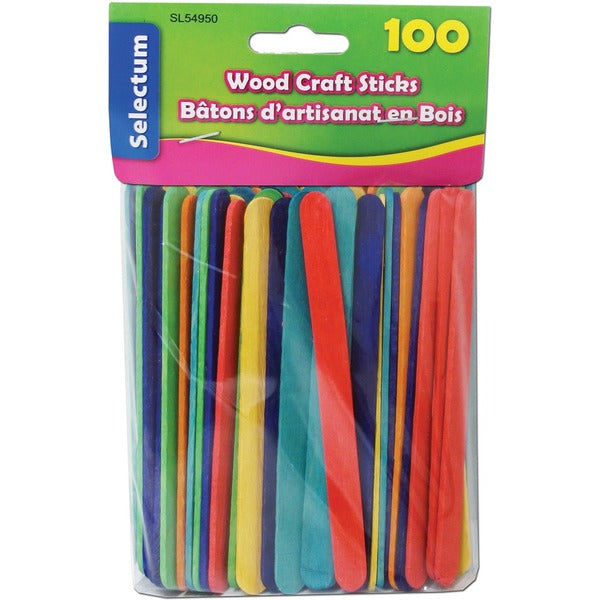 Selectum Wood Craft Stick - Assorted Colours, 100/Pack - Craft Project, Art Project - 4.50" (114.30 mm) Length - Wood - 100 / Pack