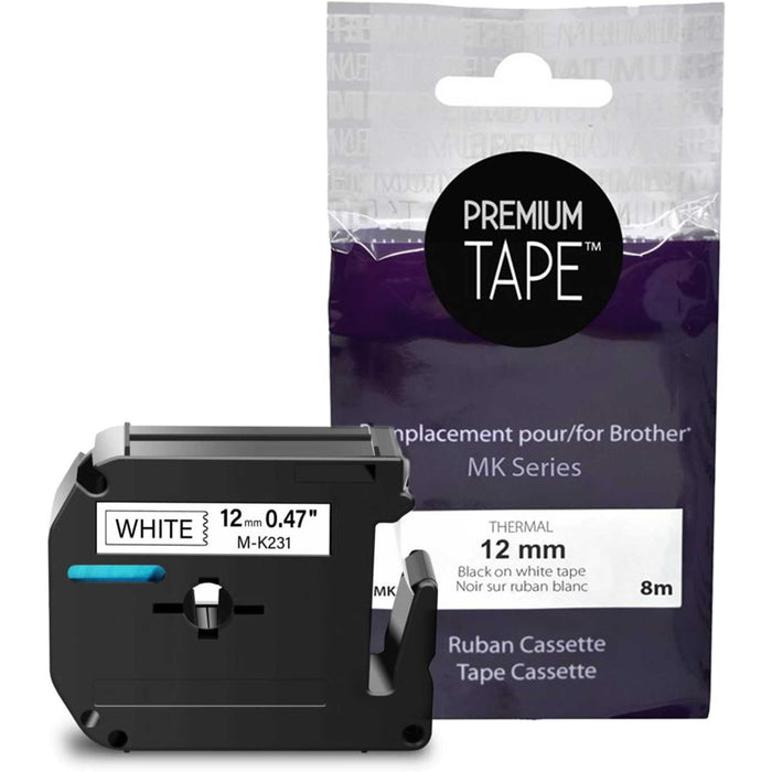 Premium Tape Label Tape - Alternative for Brother MK-231 - 1/2" x 26' (12 mm x 8 m) - Black on White - 1 Pack
