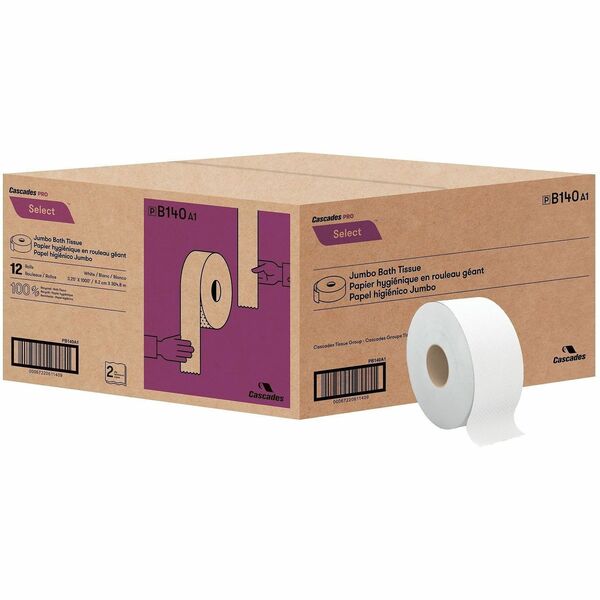 Cascades PRO Select Jumbo Toilet Paper - 2 Ply - 3.30" (83.82 mm) Width x 1000 ft (304.80 m) Length - White - Fiber - 12 / Carton