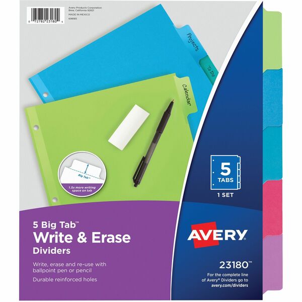 Avery&reg; Big Tab&trade; Write & Erase Dividers 5 tabs, 1 set - 5 x Divider(s) - 5 Write-on Tab(s) - 5 Tab(s)/Set - 8.50" (215.90 mm) Divider Width x 11" (279.40 mm) Divider Length - Letter - 8.50" (215.90 mm) Width x 11" (279.40 mm) Length - 3 Hole Punc