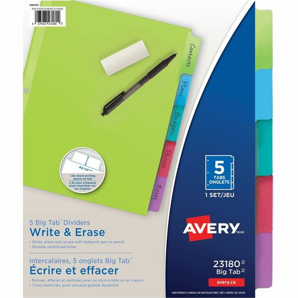 Avery&reg; Big Tab&trade; Write & Erase Dividers 5 tabs, 1 set - 5 x Divider(s) - 5 Write-on Tab(s) - 5 - 5 Tab(s)/Set - 8.50" Divider Width x 11" Divider Length - 3 Hole Punched - Multicolor Paper Divider - Multicolor Paper Tab(s) - Recycled - 36 / Carto