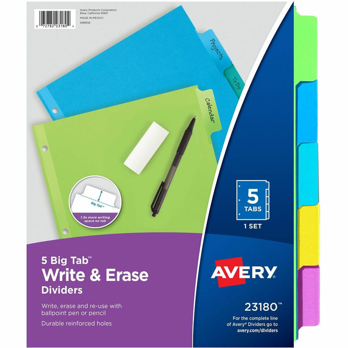 Avery&reg; Big Tab™ Write & Erase Dividers 5 tabs, 1 set - 5 x Divider(s) - 5 Write-on Tab(s) - 5 Tab(s)/Set - 8.50" (215.90 mm) Divider Width x 11" (279.40 mm) Divider Length - Letter - 8.50" (215.90 mm) Width x 11" (279.40 mm) Length - 3 Hole Punc
