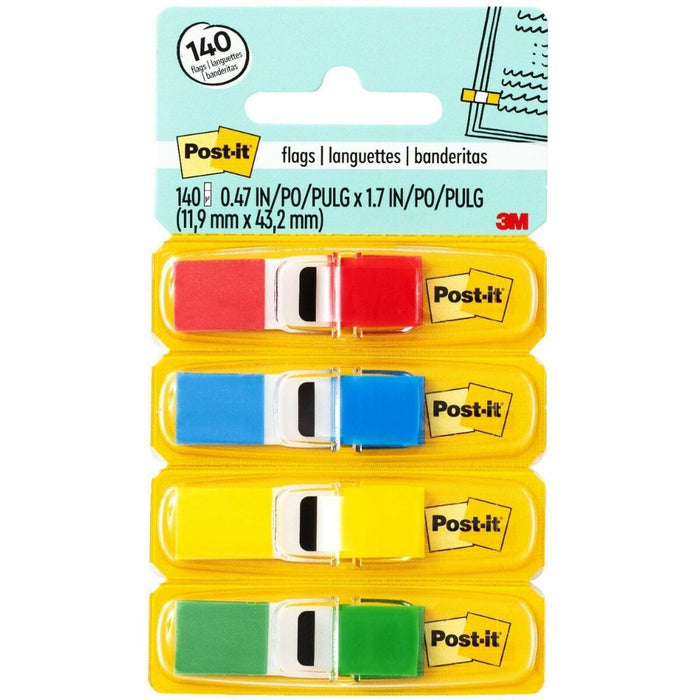 Post-it&reg; Flags - 35 x Blue, 35 x Green, 35 x Red, 35 x Yellow - 1/2" (12.70 mm) Flag/Note Width x 1 3/4" (44.45 mm) Flag/Note Length - Rectangle - Unruled - Red, Blue, Green, Yellow, Assorted - Removable, Self-adhesive - Dispenser Included - 140 / Pac