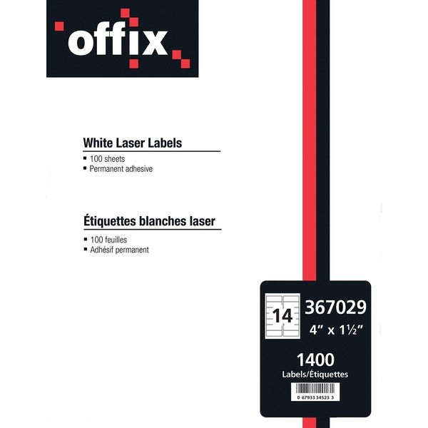 Offix Multipurpose Label - 4" (101.60 mm) Height x 1 1/2" (38.10 mm) Width - Permanent Adhesive - Rectangle - Laser, Inkjet - White - 1400 / Box
