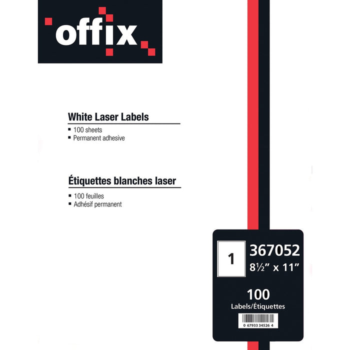 Offix Multipurpose Label - 8 1/2" (215.90 mm) Height x 11" (279.40 mm) Width - Permanent Adhesive - Rectangle - Laser, Inkjet - White - 100 / Box