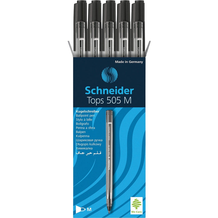 Schneider Tops 505 Ball Point Stick Pens Medium Black 10/Box - Black Ink - Transparent Barrel - Stainless Steel Tip - 10 / Box