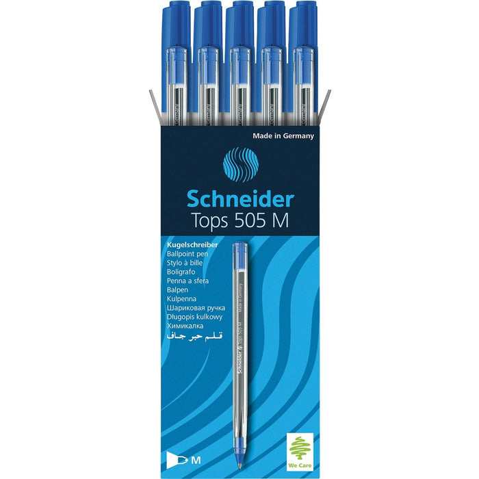 Schneider Tops 505 Ball Point Stick Pens Medium Blue 10/Box - Blue Ink - Transparent Barrel - Stainless Steel Tip - 10 / Box