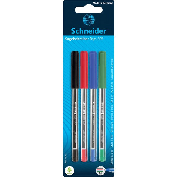 Schneider Tops 505 Ballpoint Pens - Medium Pen Point - Assorted - Stainless Steel Tip - 4 / Pack