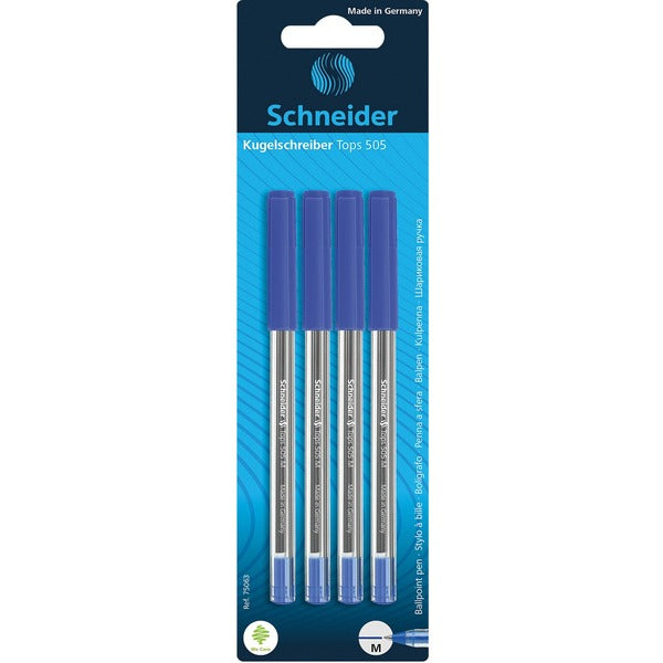 Schneider Tops 505 Ballpoint Pens - Medium Pen Point - Blue Ink - Stainless Steel Tip - 4 / Pack
