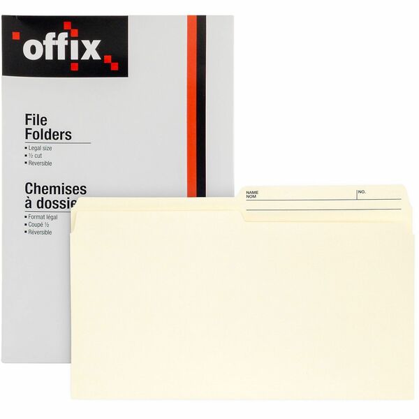 Offix 1/2 Tab Cut Legal Top Tab File Folder - 8 1/2" (215.90 mm) x 14" (355.60 mm) - 9.5 pt. (3.34 mm) - Manila - 100 / Box