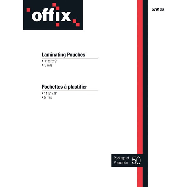 Offix Laminating Pouch - Sheet Size Supported: Letter 8.50" (215.90 mm) Width x 11" (279.40 mm) Length - Laminating Pouch/Sheet Size: 5 mil (0.13 mm) Thickness - 50 / Pack