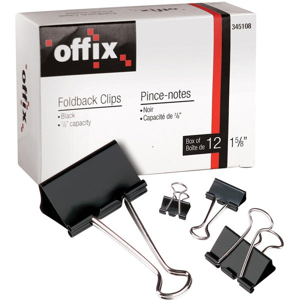 Offix Foldback Clips 9/16" ( cap ¼") - 0.3" (6.35 mm) Size Capacity - Steel - 12 / Box