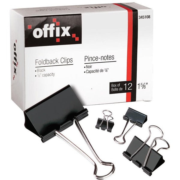 Offix Foldback Clips 3/4" (cap. 3/8") - 0.4" (9.52 mm) Size Capacity - Steel - 12 / Box